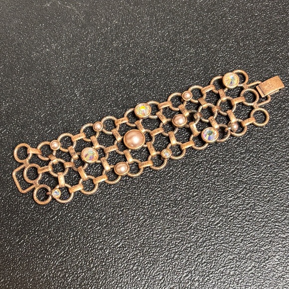 Lia Sophia Wide Cuff Bracelet Copper Link Crystal Pink Pearl Vintage - Picture 1 of 7